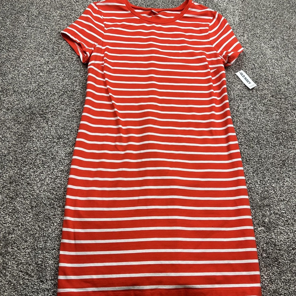 Old Navy Dress Womens Large Orange White Striped Short Sleeve T-Shirt Casual